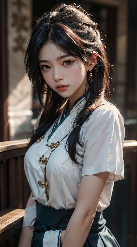 bestquality, (RAW photo: 1.2), (masterpiece: 1.4), (Realistic: 1.4), (high-res: 1.4), Chinese actress Guli Naza, Depth of Field, intricate detailed, 10, Very detailed, perfect lighting, Epic Background, Thai High School Uniform