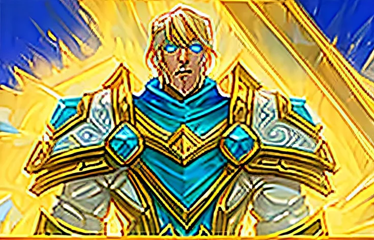 warcraft stylized paladin, golden and white armor, blue cloth