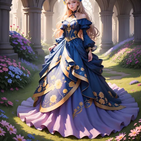 Generate an imaginative artwork of a girl using Midjourney. She is a young girl with long golden hair and bright blue eyes. She is wearing a gorgeous blue gown adorned with sparkling stars. She stands in a vibrant flower meadow, surrounded by blooming flow...