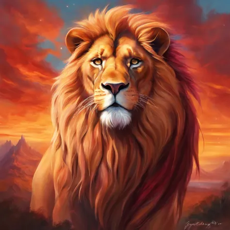 (Altas,Realistic,fotorrealista:1.2), (Red majestic lion with burning mane,rugidos fortes e grandes), (oil painting,hyper-realistic), (Detailed muscles and hair), (olhar intenso),(fundo escuro, cores contrastantes), (Soft lighting with golden tones)