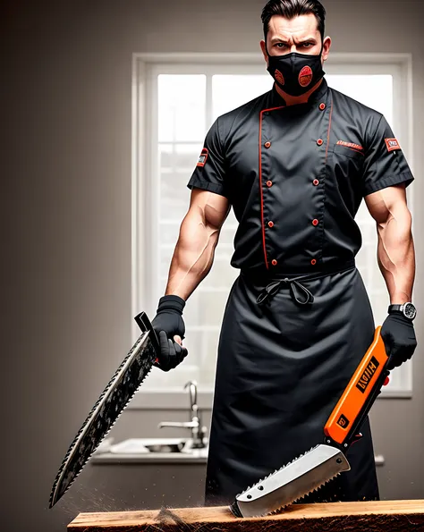 A very tall man, angry looking, has a chainsaw in his hand, and is wearing a chefs outfit, high detail, high quality, 4K UHD, blood, man is wearing mask, high quality, chainsaw is on, man is muscular, buff, strong, scary, horror, full body, entire body, re...