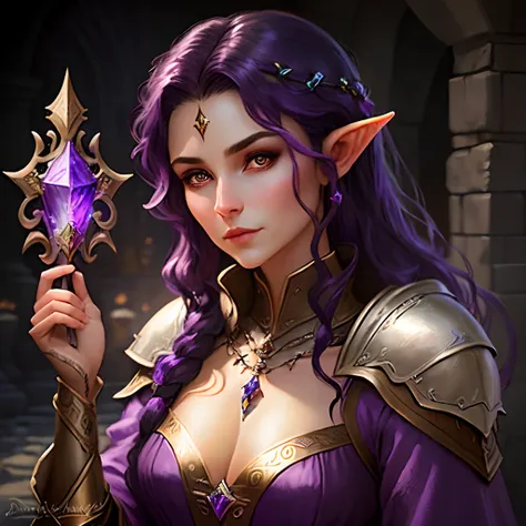 a close up of a woman with dark purple hair, fantasy art style, beautiful, detailed matte fantasy portrait, fantasy concept art portrait, fantasy art portrait, portrait female elf wizard, portrait knight girl, fantasy portrait, portrait golden eyes, portra...