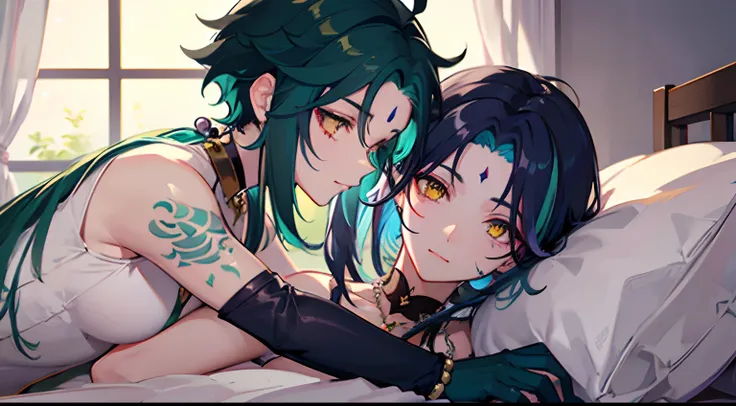 best quality, best anatomy, beautiful face, press arm on bed, xiao, (genshin impact), gloves, tattoo, arm tattoo, necklace, jewelry,green hair, bead necklace, mark on forehead, purple mark on forehead, multicolored hair, beads, yellow eyes, 1boy, male focu...