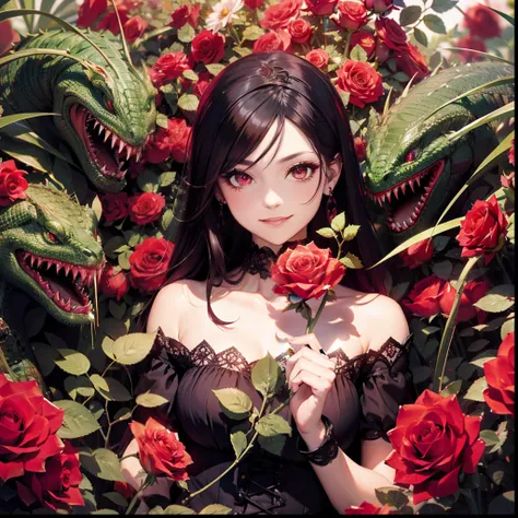 Queen of Roses. Fanged roses surround a beautiful woman. She wears a gothic dress. She has red eyes. Vine monsters are intertwined like snakes. fearless smile. Full body image. rose garden.