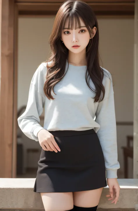 (RAW photo) a girl with sweatshirt blouse and skirt, long stockings, (medium breasts), medium long hair, depth of fields, Real light, Hyper-realistic, best quality, 8K, ((detailed hands)), Correct anatomy.