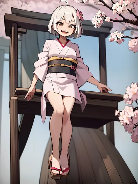 ((Masterpiece, Best quality)), (1girll), (Solo), (female focus), (ahoge, White hair, Short hair), Black eyes, Light smile, Open mouth, ((komono), (Pink cherry blossom kimono), (Japanese Yukata)), ((sandals), (Wooden sandals)), White Sox standing, White bac...