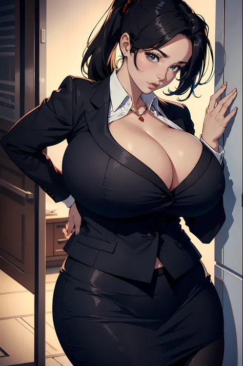 Best quality, mature woman, giant breasts, giant ass, very curvy, high ponytail, black eyes, full lips, seductive, principal uniform, black blazer, white button up, pencil skirt, exposed cleavage, lacy red bra