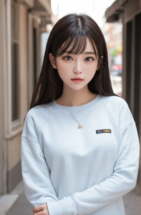 (RAW photo) a girl with sweatshirt, blouse and sorts, (medium breasts), medium long hair, depth of fields, Real light, Hyperrealistic, best quality, 8K, ((detailed hands)), correct anatomy.