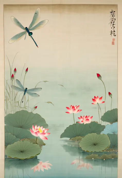 An ancient Chinese poem"There is no lotus blooming, in early puberty, Dragonflies are flying above." is a poetic masterpieceWiththe rhythm of the water as its quideIt sails into the night,side by side.The use of light greensoft blue, tinted in Chinese reda...