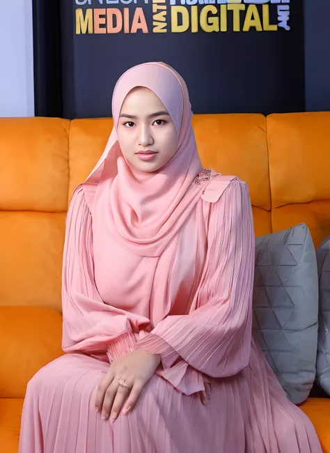 muslim woman in pink dress sitting on orange couch with orange couch, inspired by Nazmi Ziya Guran, faridah malik, inspired by Ni Yuanlu, inspired by Fathi Hassan, inspired by Shaddy Safadi, malaysian, hijab, inspired by Naza, inspired by Basuki Abdullah, ...