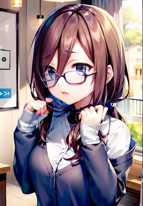 top-quality、eye glass（1:6）、Full-length images of the highest quality、Highly detailed anime super detail、​masterpiece、tre anatomically correct、Detailed hand、（eye glass:1.6)、8K、I love my tides、Upper line、High School Uniform、Sweat profusely、Kiss Face、Moisturi...