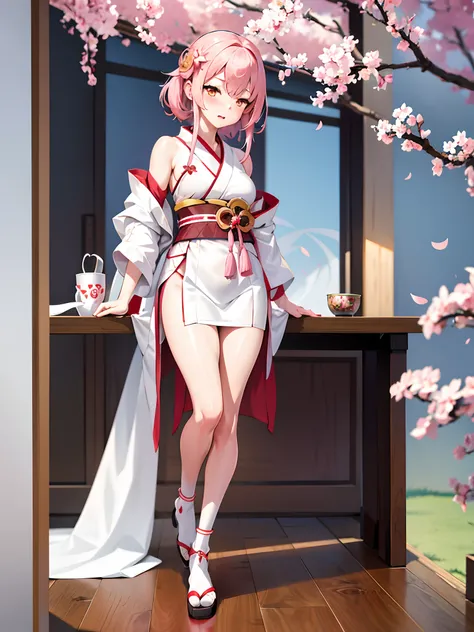 Anime girl standing on wooden floor in a room in a kimono, sakura petals around her, Kantai collection style, Sakura Haruno, loli in dress, cute anime waifu in a nice dress, from girls frontline, shikamimi, offcial art, full body portrait of a short!, Kush...