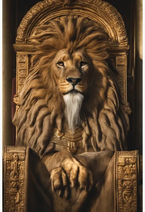 Lion of the tribe of Judah on the throne of a handsome king with a lush crown, belas pedras preciosas e muito ouro