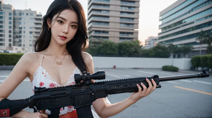 Smiling female sniper，Ambush the roof of the building，Battle background（Roof），Equipped with M16 assault rifle，Hyper-detail photography，Mattire，Golden ratio,Chinese woman、Youthful、Light pink floral underwear、White purple floral lace panties、exposing your na...