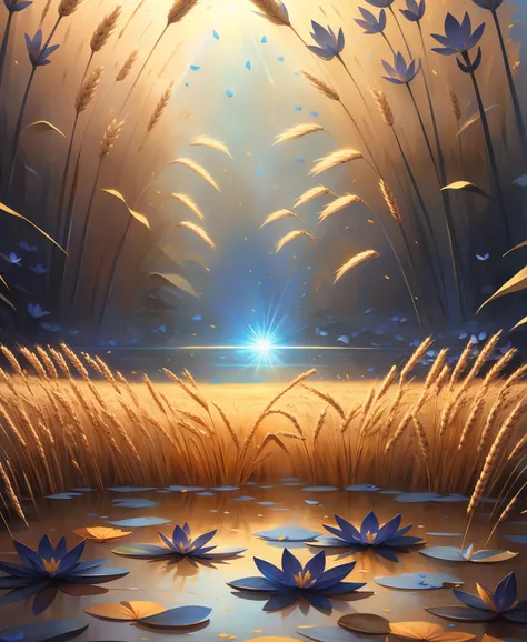 spectacular digital painting, (masterpiece, detailed, official art:1.2), (hellish lily wheat,blue petals:1.3), (refracting light:1.2), (medium shot:1.2), (captivating artistry:1.2), against the background calm body of water surrounded with trees and stones