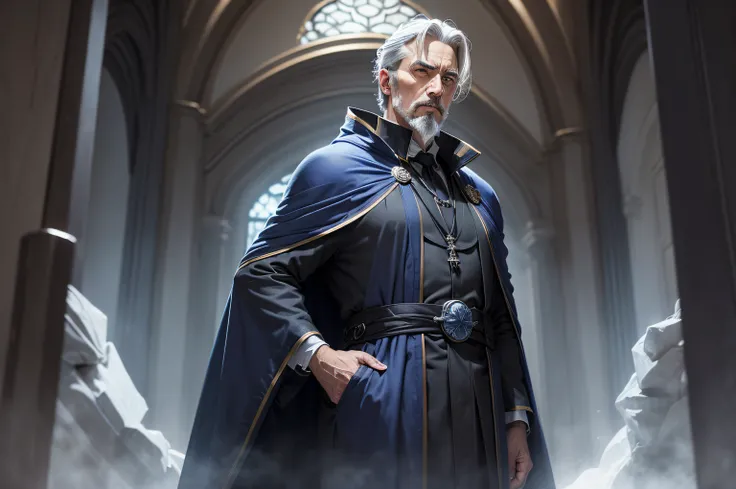 a noble middle-aged man with gray hair and a goatee wearing dark blue robes and a gray cape