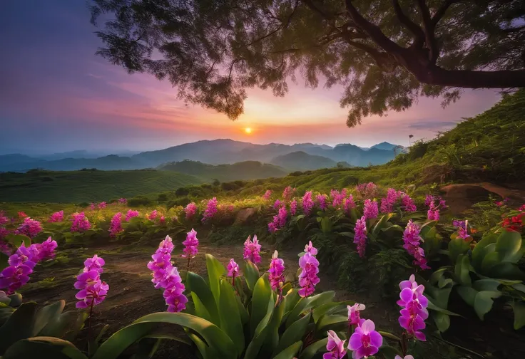 Create sharp, realistic 8k photos. A small Asian man was far away on the horizon, carrying a backpack, leaving behind behind him were small, unique orchids of many colors, yellow, purple, red, pink, and white. In the distance is a road leading to the sunri...