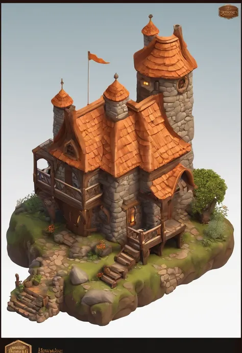 isometric house, estilo rpg, caricaturas, dnd, fantasia, Mobile Game，homem primitivo，osso de animal，pedra，Madeira, suspenso no ar