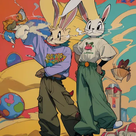 Bugs bunny wearing baggy pants and a shirt and smoking a big joint