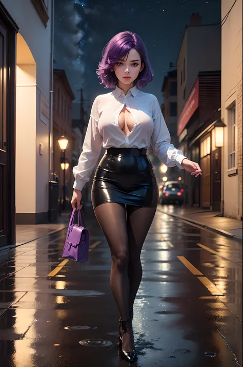 (1girl), masterpiece, photorealistic, 8k, (realistic: 1.2), full body, looking at viewer, pantyhose, purple hair, (kafka: 1.2), walking, beauty, (medium breasts: 1.2) night, night sky, city, cityscape, rain, (dramatic: 1.2)