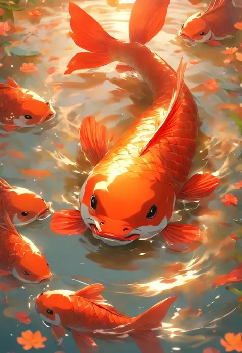 Carp in the water。Big birds in the sky，New Chinese。The future is bright，The painting style is a little sunny，Elements can be cute，Happy birthday congratulations