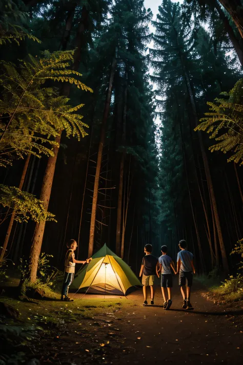 outono, floresta a noite, muito vento. Three children and a more adult girl go into the forest to camp