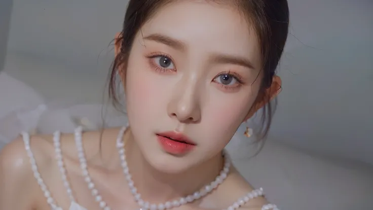 Un primer plano de una mujer con un vestido blanco y un collar de perlas, maquillaje popular de Corea del Sur, maquillaje coreano popular, Kim Doyoung, beautiful pale makeup, Retrato suave disparado 8K, Ojos azul pastel, Dreamy eyes, Jaeyeon Nam, maquillaj...