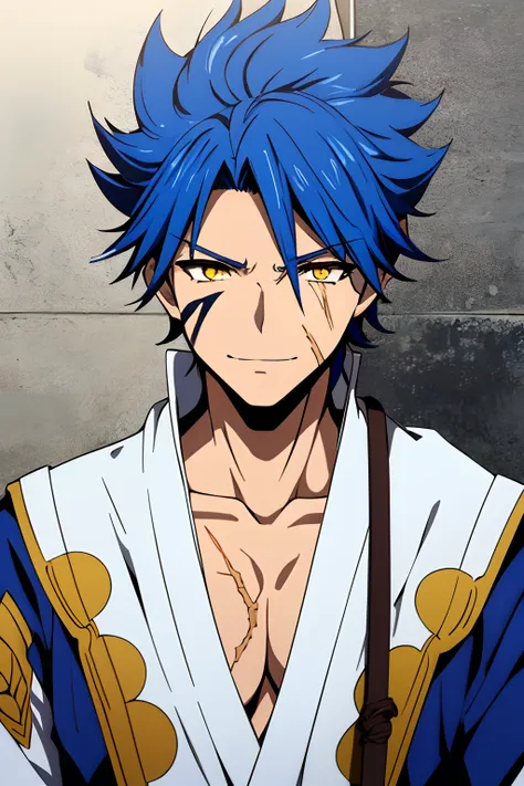 (masterpiece), (best quality), naotora_takeda, 1boy, solo, spiky hair, short hair, looking_at_viewer, blue hair, scar on face, f...