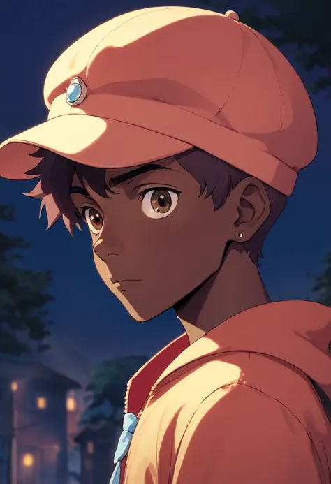 Dark-skinned boy with skullcap hair and low hair with almond eyes