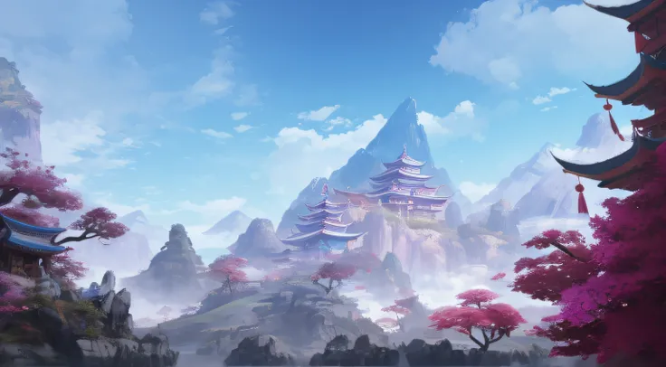 In the foreground there is an alafid view of the pagoda and the mountain of the pagoda, dota! There is a Chinese-style palace in the middle，matte painting concept art, dota matte painting concept art, Onmyoji detailed art, matte painting arcane dota pixar,...