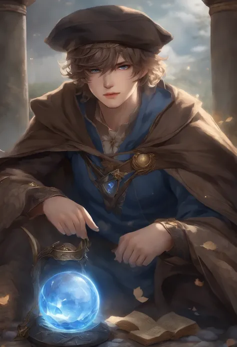 Anime Handsome Boy Realistic Face、8K Ultra、fully body photo、Wearing a blue beret、Brown shorthair、Long brown T-shirt、Silver breastplate、Wearing a brown cloak、、Gray protector、Gray boots、Greek palaces、Hold 4 tarot cards、The card glows faintly.、Magic flames ar...