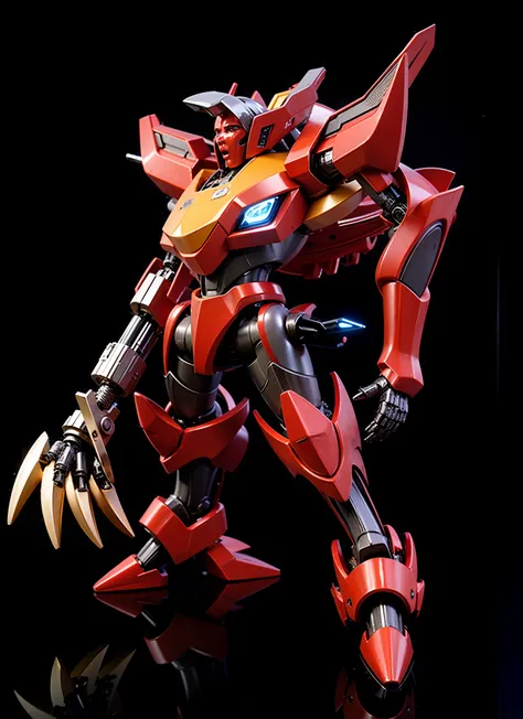 A large mecha robot, Head with red and brown metal parts, Chest with red metal parts, amarelas, cinzas e marrons, compartimento nas costas amarelo, Left arm with brown metal parts, vermelha e cinza, Right arm made of chrome-plated metal parts, Legs with re...