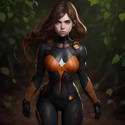 A female young adult superhero with brown hair, honey colored eyes, white skin, button nose, and small breasts with void powers which appears as a black tar substance that takes form in vines or tendrils. She wears a black and slight orange outfit that mat...