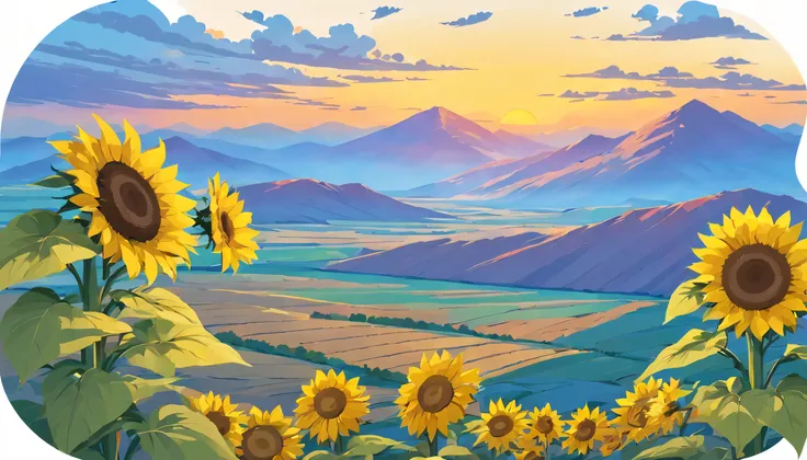 desert in the distance yellow river bend flowing through there is a large golden sunflower field in front under the blue sky the...