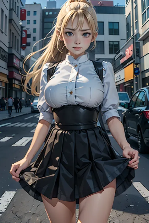 ((Blow-up skirt)), ((Super mini skirt floating in the wind)), ((White cotton panties)), Exposed panties, Do not wear stockings、Fair thighs、Fair-skinned calves、Raw feet、bare-legged、poneyTail、BREAK, ((Top of any color:1.3)), ((Skirts of any color:1.3)), BREA...
