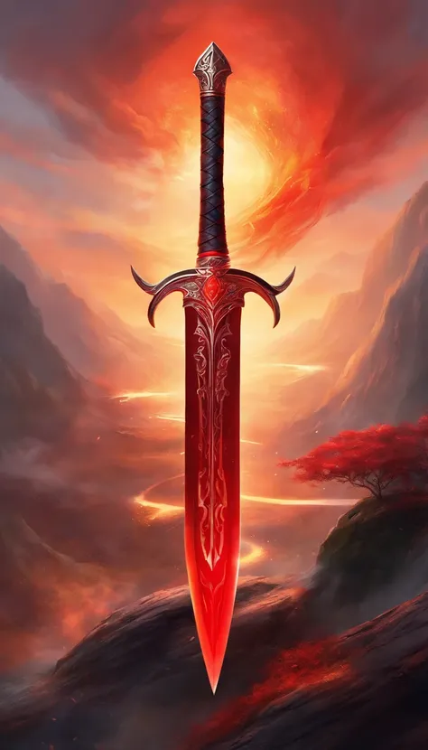 a big legendary sword with fiery details, red blade, uma gema vermelha no punho, A red light comes out of the blade as if it were on fire