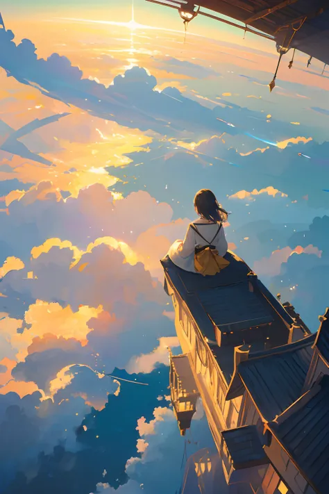 Create exquisite illustrations reminiscent of Makoto Shinkais style, It has ultra-fine details and top-notch quality. Create an illustration of a flying house gracefully enjoying the breathtaking view from above. The house, suspended in the sky, offers a p...