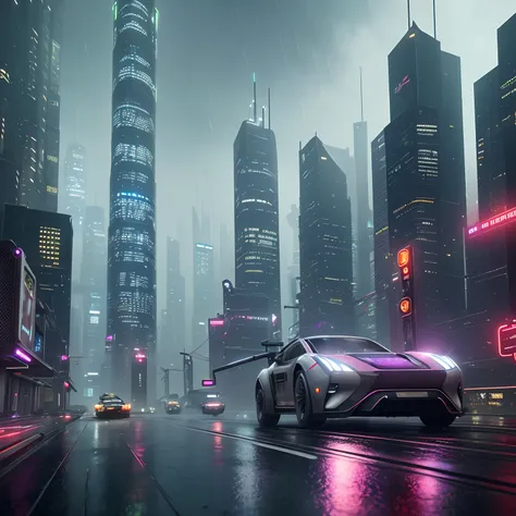 A city of the future, many skyscrapers, blade runner style, hyper-realistic, octane render, realistic, street with cars, rain, an android woman wearing VR headset, cinematic, 8k, very intricate, 80s, night