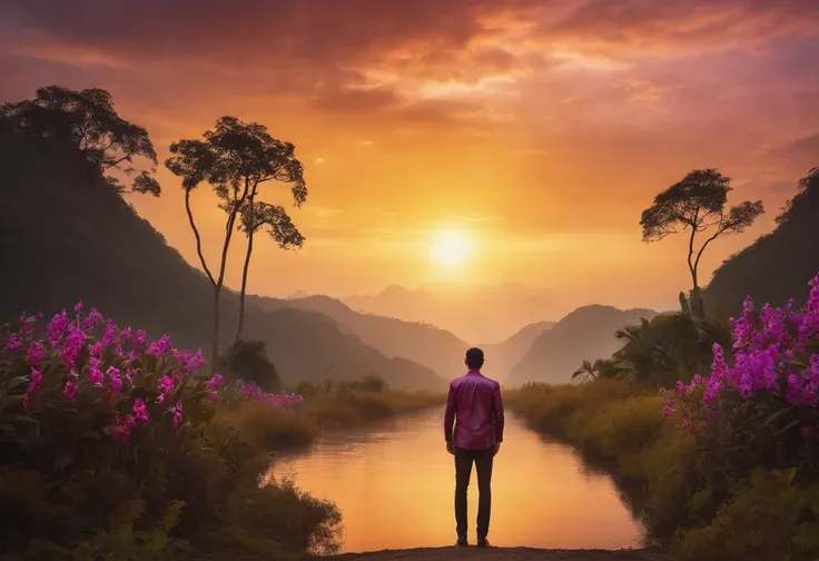 Create sharp, realistic 8k photos. A small Asian man far away on the horizon, wearing a brown leather shirt and black latex, stood looking far into the horizon, his hands in his pockets, behind his back were small, unique orchids of various yellow and purp...