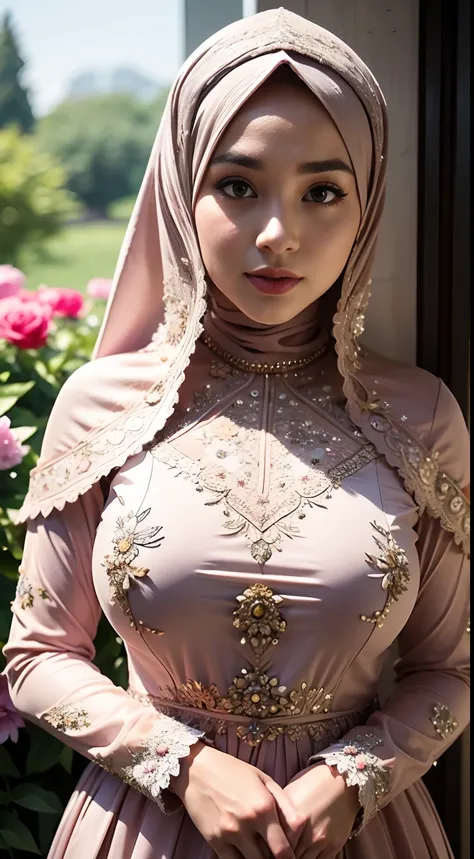 1 malay girl , modern plain hijab, shy, medium portrait shot , watery eyes ,lip watery, lip glossy, open mounth, ((big breast)),...