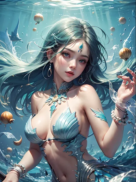 offcial art, Unity 8k壁纸, Ultra-detailed, Beautiful and aesthetically pleasing, tmasterpiece, best qualityer, (zentangle, datura, clew, meshing), (s fractal art: 1.3), 1 mermaid, (Hairstyles: Long hair) Ocean, Extremely detailed, dynamic angle, Cowboy shot,...