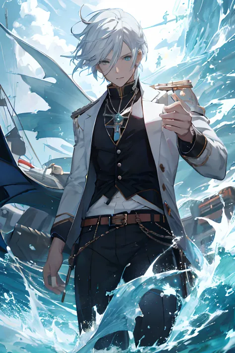 anime character with white hair and white hair with a robot arm in the ocean, detailed key anime art, shigenori soejima illustration, highly detailed exquisite fanart, trending on artstation pixiv, key anime art, wallpaper anime blue water, handsome guy in...