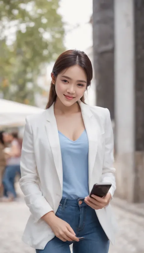 Reality drama scene shoot, street market, blue shirt, white blazer, blue jeans long pants, reading text massage in cellphone while smiling, 19 year old college girl, cute girl, beautiful girl, indonesian model, white healthy skin, delicate eyes,  double ey...