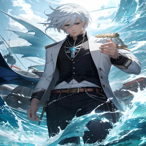 anime character with white hair and white hair with a robot arm in the ocean, detailed key anime art, shigenori soejima illustration, highly detailed exquisite fanart, trending on artstation pixiv, key anime art, wallpaper anime blue water, handsome guy in...