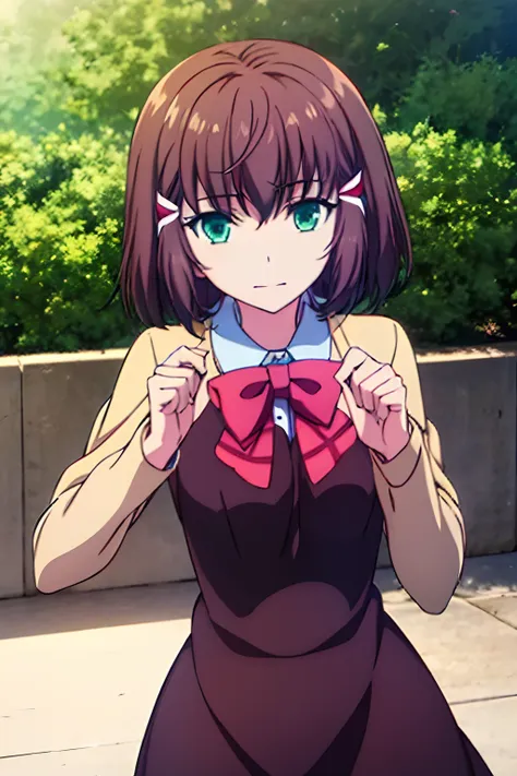 dress, shoko sashinami, valvrave the liberator, hair ornaments, short brown hair, medium hair, green eyes