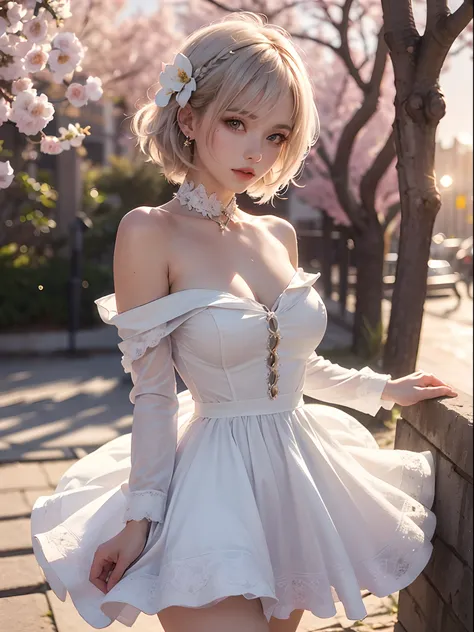 Unbeatable masterpiece, Ultra photo realsisim , Perfect artwork , Intricate details , Best quality , Strong light , High contrast , Dynamic pose , Dutch angle , (Blurry, Depth of field, blurryforeground:1.35) ,1 girl , breasts , solo , short hair , flower ...