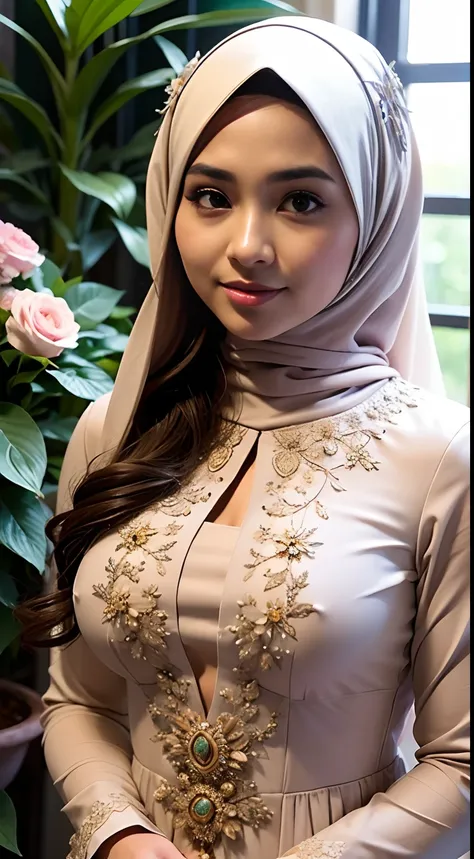 1 malay girl , modern plain hijab, shy, medium portrait shot , watery eyes ,lip watery, lip glossy, open mounth, ((big breast)),woman in a floral dress standing in a garden of flowers, modest flowing gown, beautiful detailed dress, intricate outfit, wearin...