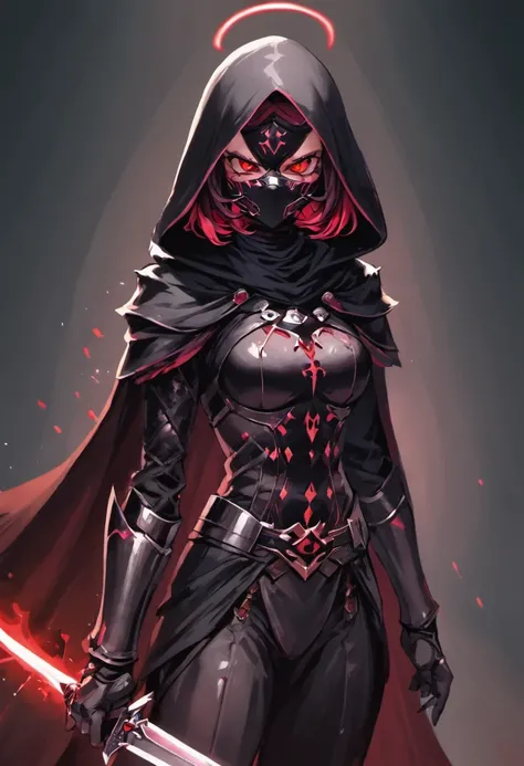 Best quality,4K,8K,A high resolution,Masterpiece:1.2),Ultra-detailed,(Realistic,Photorealistic,photo-realistic:1.37), An assassin in (black steel plated armor:1.37) including a black cloak, wearing a black sith lord mask with glowing red eyes that covers t...