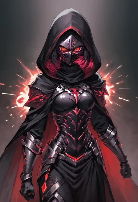 Best quality,4K,8K,A high resolution,Masterpiece:1.2),Ultra-detailed,(Realistic,Photorealistic,photo-realistic:1.37), An assassin in (black steel plated armor:1.37) including a black cloak, wearing a black sith lord mask with glowing red eyes that covers t...