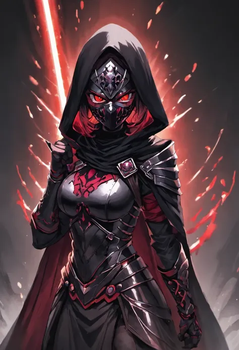 Best quality,4K,8K,A high resolution,Masterpiece:1.2),Ultra-detailed,(Realistic,Photorealistic,photo-realistic:1.37), An assassin in (black steel plated armor:1.37) including a black cloak, wearing a black sith lord mask with glowing red eyes that covers t...